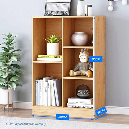 IOTXY Open Shelf Low Bookcase - Wooden 3-Tier Floor Standing Display Cabinet Organizer with Base, 5 Cubes Short Horizontal Bookshelf in Pear Yellow