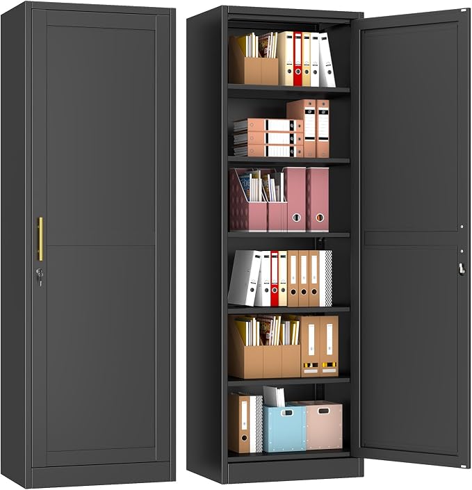 pozdeg 67" Metal Storage Cabinet with Lock, Tall Narrow Office File Cabinets with 5 Adjustable Shelves, Metal Steel Locker for Home, School, Office, Garage or Gym (Black)
