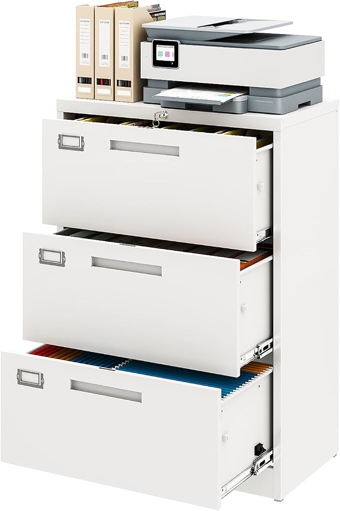 Metal Lateral 3 Drawer File Cabinet, Wide Filing Cabinet with Lock for Home Office Organization Hanging Files Letter/Legal/F4/A4 Size (White, Assembly Required)