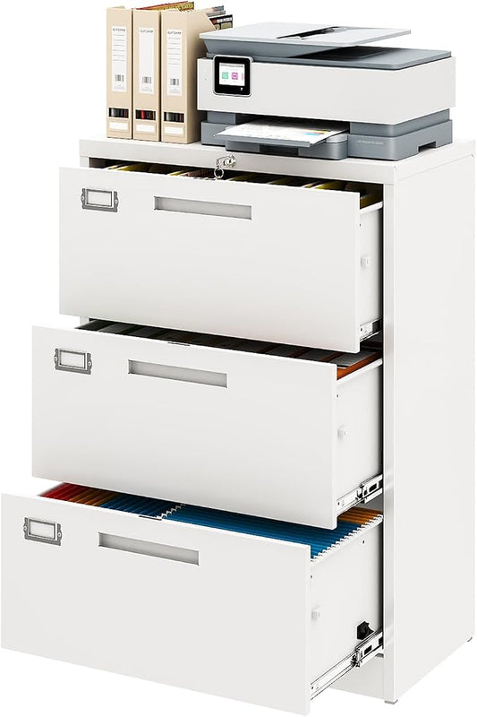 Metal Lateral 3 Drawer File Cabinet, Wide Filing Cabinet with Lock for Home Office Organization Hanging Files Letter/Legal/F4/A4 Size (White, Assembly Required)