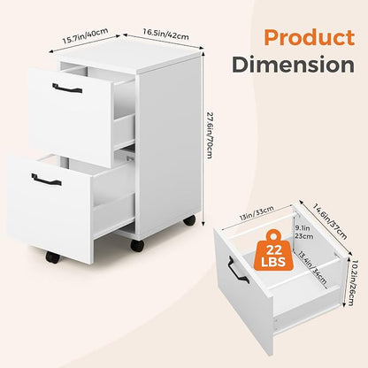 Sweetcrispy 2-Drawer Rolling File Cabinet, Wood Under Desk Storage with Lockable Wheels, Mobile Printer Stand & Home Office Organizer for Documents and Office Supplies, White
