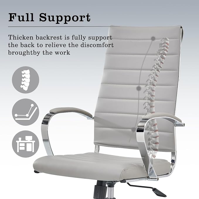 Office Chair, Ergonomic Executive Desk Chair, High Back, Leather Swivel, Lumbar Support, Grey
