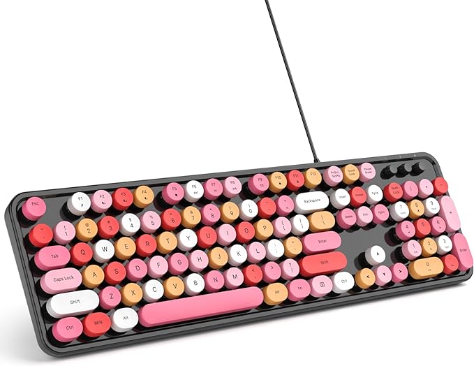 MOWUX Computer Keyboard Wired, Plug and Play USB Retro Round Typewriter Keyboard, Full Size Wired Keyboard with Foldable Stands for Laptop and Office PC- Black Colorful