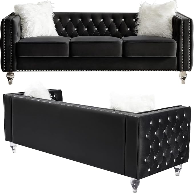 Mikibama Velvet 3 Seater Sofa Couch with Buttons and Square Arms 83.07 Inch Tufted 3-seat Sofas with Trimmed Nailhead and Acrylic Legs Modern Couches for Living Room,Bedroom (Black-crystal Legs, Sofa)