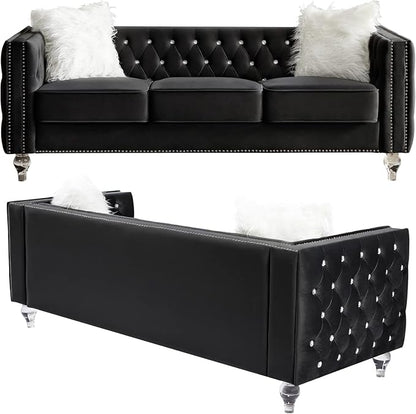 Mikibama Velvet 3 Seater Sofa Couch with Buttons and Square Arms 83.07 Inch Tufted 3-seat Sofas with Trimmed Nailhead and Acrylic Legs Modern Couches for Living Room,Bedroom (Black-crystal Legs, Sofa)