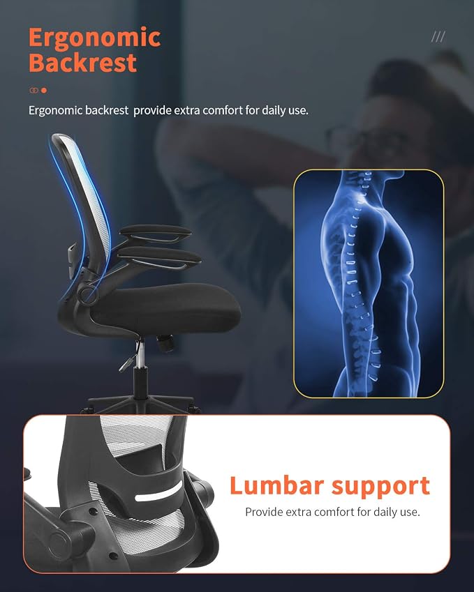 Office Chair Desk Computer Chair with Lumbar Support Flip-up Arms Swivel Rolling Executive Task Mesh Adjustable Ergonomic for Adults(White)