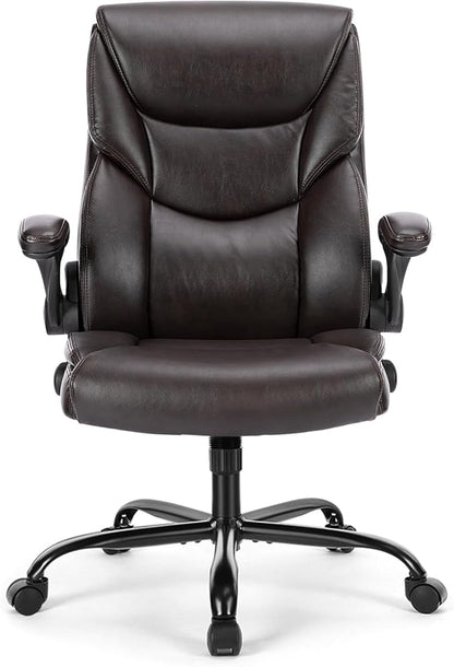 Sweetcrispy Computer Gaming Chair, Ergonomic High Back Heavy Duty Task Desk Office Chairs with Wheels, Flip-up Arms, Adjustable Height, PU Leather,Dark Brown