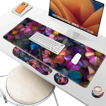 Desk Pad and Keyboard Wrist Rest, Large Mouse Pad + Keyboard Pad+Mouse Wrist Support, Non-Slip Desk Mat Protector for Office, Home 31.5×11.8 Inches Glass Flower