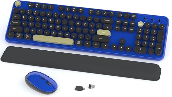 Links9+ Wireless Keyboard and Mouse Combos, Retro Keyboard and Mouse Wireless Full Size, 2.4Ghz Connection and Optical Mouse for Windows, Mac, PC, Laptop for Home and Office (Jewel Blue-Black)