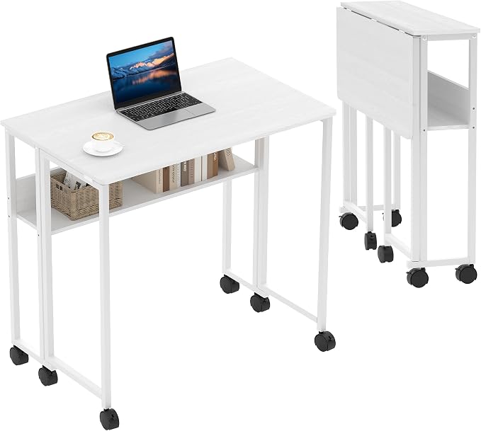 Folding Desk Small Rolling Desk with Storage Shelf,31.5 Inch Foldable Computer Table with Wheels,Portable Office Desk for Small Space Sofa Table,Easy to Fold,Writing Work Office Computer Desk,White