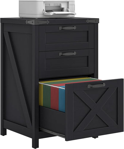 Halitaa 3 Drawer Small File Cabinet, Farmhouse Vertical Filing Cabinet Fits Letter and A4 Size, Under Desk Wooden File Cabinets for Home Office, Printer Stand, Black