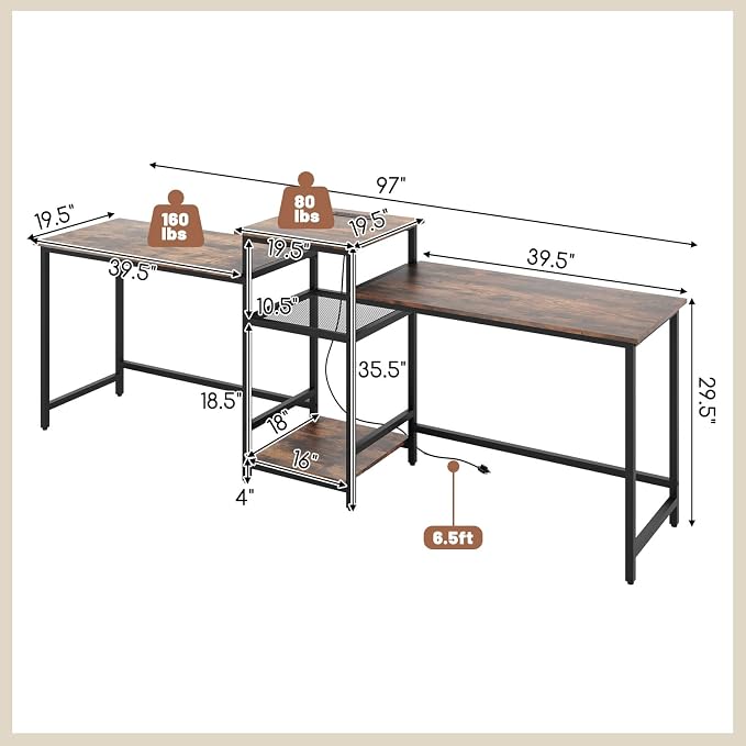 Tangkula 97" Extra Long 2-Person Computer Desk with Power Outlet, Home Office Computer Workstation with Printer Stand, Metal Mesh Shelf & CPU Stand, Double Gaming Table (Rustic Brown)