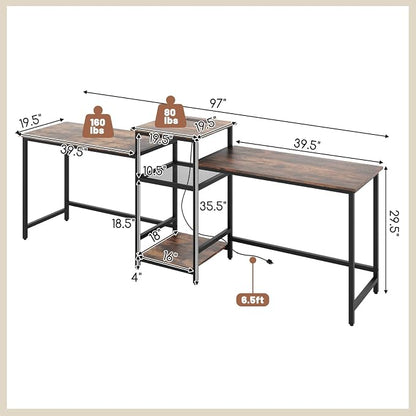 Tangkula 97" Extra Long 2-Person Computer Desk with Power Outlet, Home Office Computer Workstation with Printer Stand, Metal Mesh Shelf & CPU Stand, Double Gaming Table (Rustic Brown)