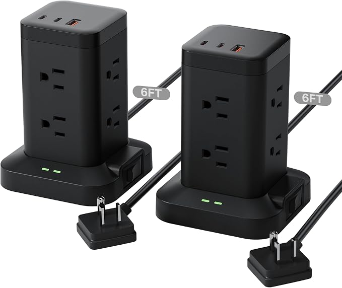2Pack Power Strip Tower with Surge Protector 1800J, Fast Charging Tower PD20W USB-C Ports with 8 AC Outlets, 10ft Extension Cord for Home Office Dorm Room, Black