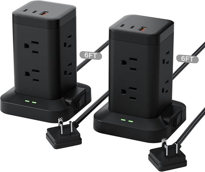 2Pack Power Strip Tower with Surge Protector 1800J, Fast Charging Tower PD20W USB-C Ports with 8 AC Outlets, 10ft Extension Cord for Home Office Dorm Room, Black