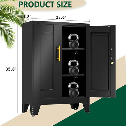 winiowa Tall Metal Storage Cabinet with Lock, Locking File Cabinet with 2 Doors and 2 Adjustable Shelves, Black Lockable Organizer for Home Office Garage（23.6" W）