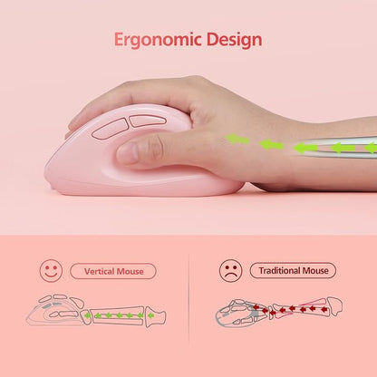 Micropack Wireless Bluetooth Mouse Ergonomic Vertical for Laptop MacBook PC Tablet Rechargeable Silent Click Multi-Device 3-Mode 2.4G Adjustable DPI Compatible with Windows Android iOS MacOS Pink