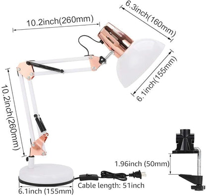 PowerKing Metal Swing Arm Desk Lamps, Adjustable and Flexible,Feading with Base and Clip 2-in-1 Function, Fit E26&E27 Bulbs Base, Application in Bedroom Living Room, Office Home (White+Rose Gold)