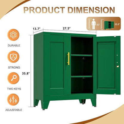 36" Metal Storage Cabinet with Lock,Steel Locker Organizer, Office File Cabinet with 2 Doors and 2 Adjustable Shelves,Outdoor Tool Garage Cabinets for Home Office,Gym,School,Warehouse(Green)