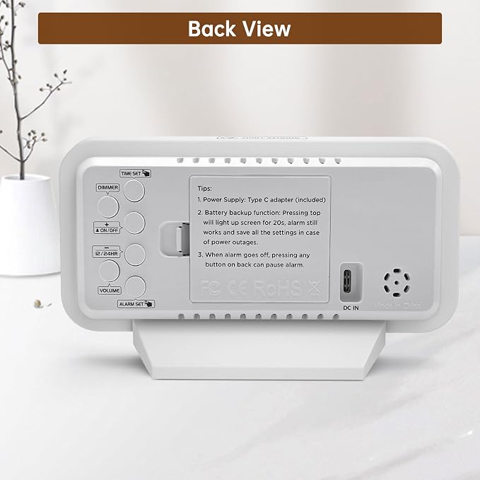 Peakeep Slim Digital Mirror Aesthetic Alarm Clock for Bedrooms Desk Decor, Plug in Electric Big LED Modern Small Clock for Office Living Room, Battery Backup, 6 Dimmers (White)
