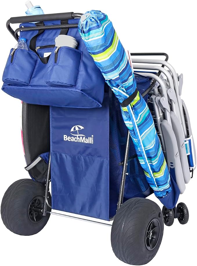 Ultimate Beach Cart with Balloon Wheels for Sand – Buggy Wagon with Big Wheels, Insulated Cooler Bag, Boogie Board & Umbrella Holder, 100 lbs Load Capacity