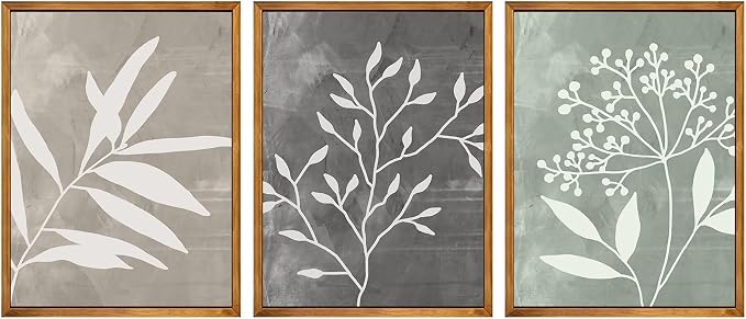 Framed Vintage Botanical Wall Art Set of 3 Prints,Boho Framed Canvas Wall Art,Minimalist Floral Art Boho Wall Decor Living Room,Sage Green Grey Beige Netural Plant Wall Paintings for Bedroom Bathroom Decor,12"x16"