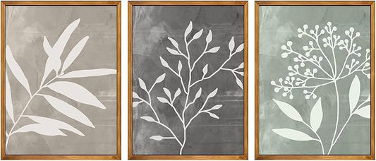 Framed Vintage Botanical Wall Art Set of 3 Prints,Boho Framed Canvas Wall Art,Minimalist Floral Art Boho Wall Decor Living Room,Sage Green Grey Beige Netural Plant Wall Paintings for Bedroom Bathroom Decor,12"x16"