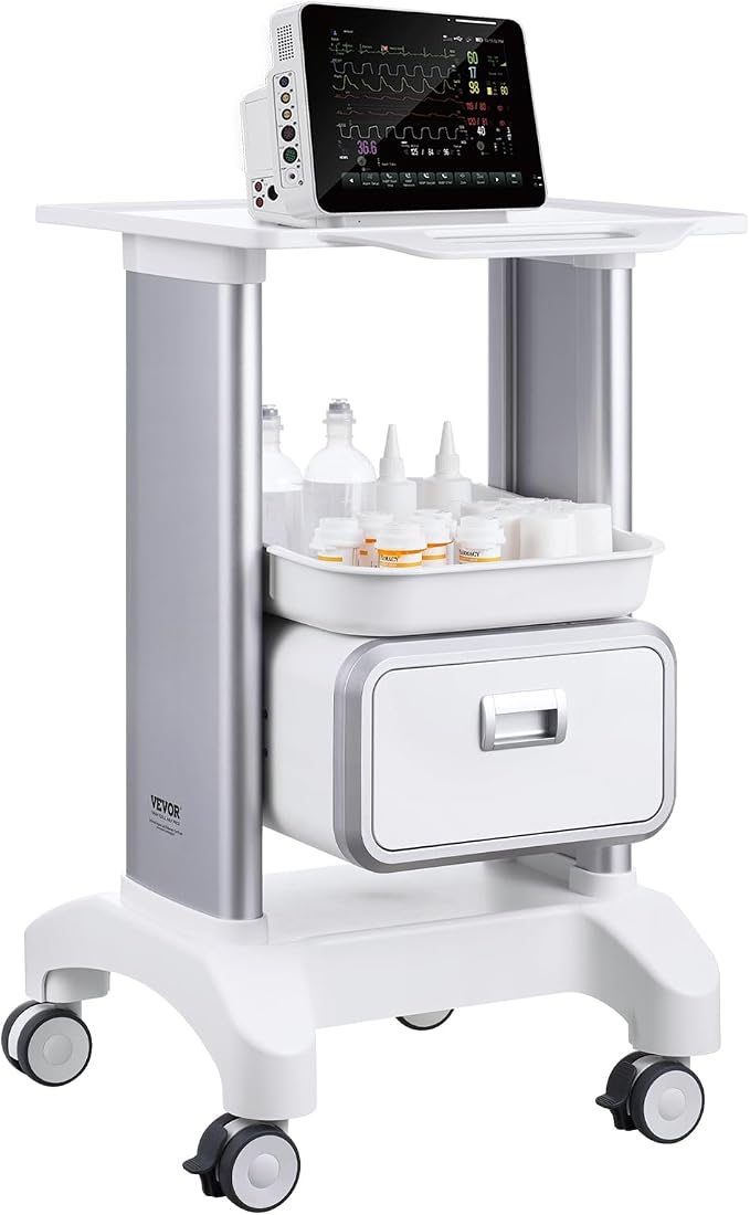 VEVOR Medical Trolley Storage Cart with Removable Drawer, Rolling Lab Tray Cart with Wheels for Ultrasound, Dental Clinic, Lab, Beauty Salon, Office