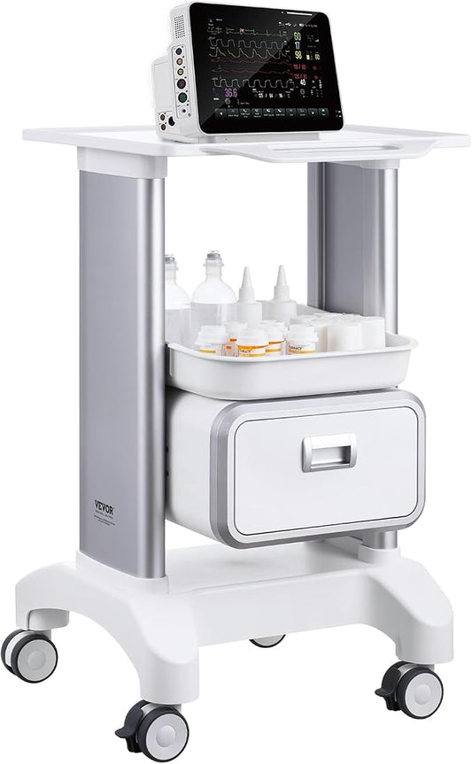 VEVOR Medical Trolley Storage Cart with Removable Drawer, Rolling Lab Tray Cart with Wheels for Ultrasound, Dental Clinic, Lab, Beauty Salon, Office