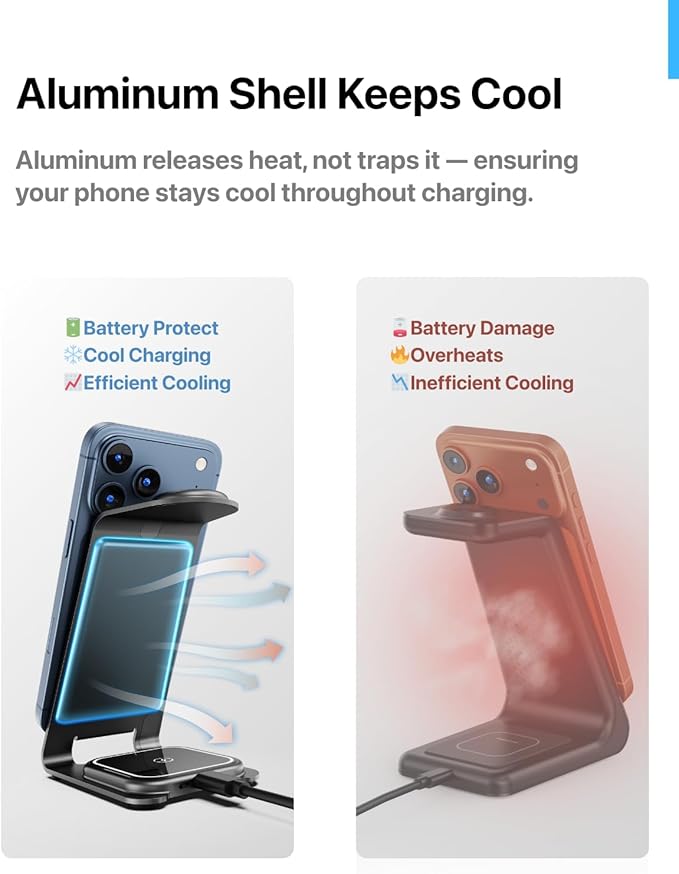 Intoval Aluminum 3 in 1 Wireless Charging Station for iPhone 17 16 15 14 13 12 11 Pro Max XR, Wireless Charger for Apple Watch 11 10 9 8 7 Ultra SE 3 2, Phone Charger for AirPods 4 Pro 2 3 (Blue)