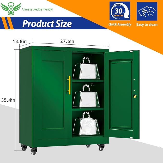 GAIOUS Metal Storage Cabinet with Lock and Wheels, Steel Tool Cabinet | with 2 Door and 2 Adjustable Shelves, 35” Tall Lockable File Cabinet, Garage Cabinet, Rolling Cabinet for Home Office - Green