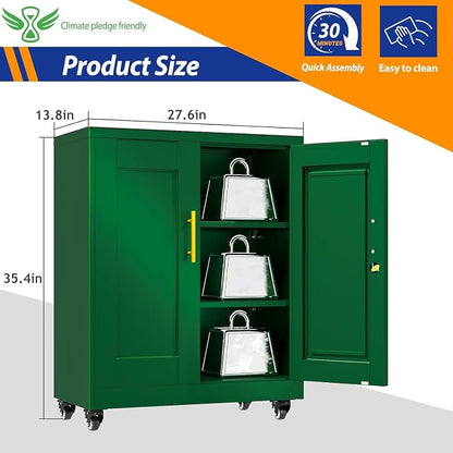 GAIOUS Metal Storage Cabinet with Lock and Wheels, Steel Tool Cabinet | with 2 Door and 2 Adjustable Shelves, 35” Tall Lockable File Cabinet, Garage Cabinet, Rolling Cabinet for Home Office - Green