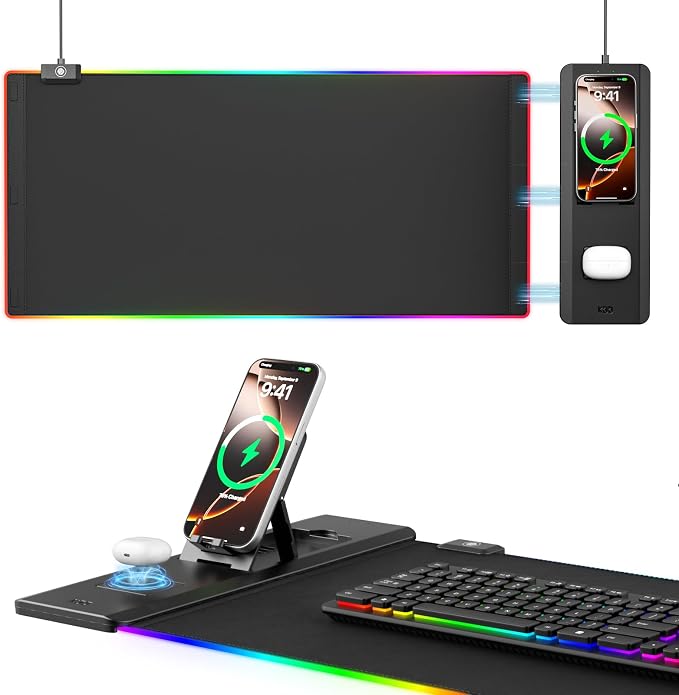 KDD RGB Mouse Pad with Wireless Charging - Desk Mat with Phone Holder and 15W Fast Charger - Gaming Mousepad with Ultra-Smooth Surface, Non-Slip Base - Keyboard Mat for Home Office Gamer Accessories