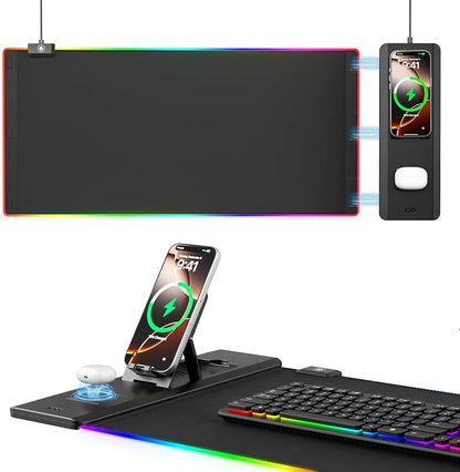 KDD RGB Mouse Pad with Wireless Charging - Desk Mat with Phone Holder and 15W Fast Charger - Gaming Mousepad with Ultra-Smooth Surface, Non-Slip Base - Keyboard Mat for Home Office Gamer Accessories