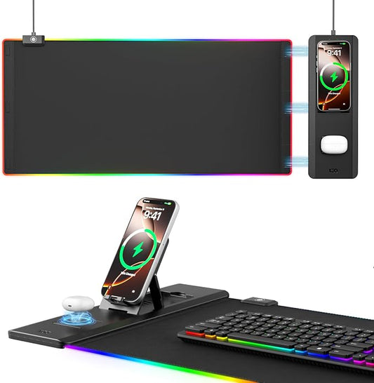 KDD RGB Mouse Pad with Wireless Charging - Desk Mat with Phone Holder and 15W Fast Charger - Gaming Mousepad with Ultra-Smooth Surface, Non-Slip Base - Keyboard Mat for Home Office Gamer Accessories