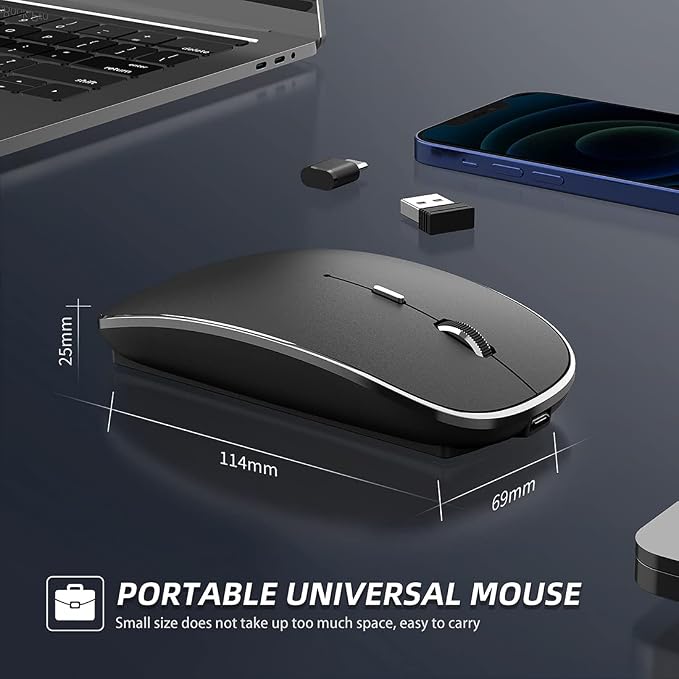 Halpilt Wireless Mouse Chargeable Portable Silent USB-A and Type-C Dual Mode Wireless Mouse 3 Adjustable DPI for Laptop, Mac, Android, PC (Q23S Black)