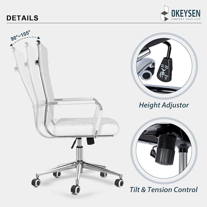 Okeysen Ergonomic Office Desk Chair, Modern PU Leather Conference Room Chairs Ribbed, High Back Executive Swivel Rolling Chair for Home, Office