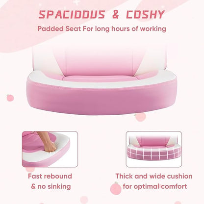 OLIXIS Computer Gaming Desk Chair - Big and Tall Ergonomic Lumbar Support with Flip-up Armrest and 360° Swivel Wheels, PU Leather Height Adjustable, for Home and Office, Pink and White