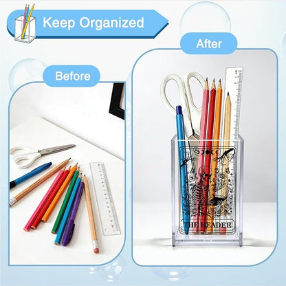 The Reader Acrylic Organizer Pencil Pen Holder, Bookworm Skeleton Desk Organizer, Bookworm Gifts for Book Lover Book Club Member Student Librarian, Back to School Gifts for Daughter Niece