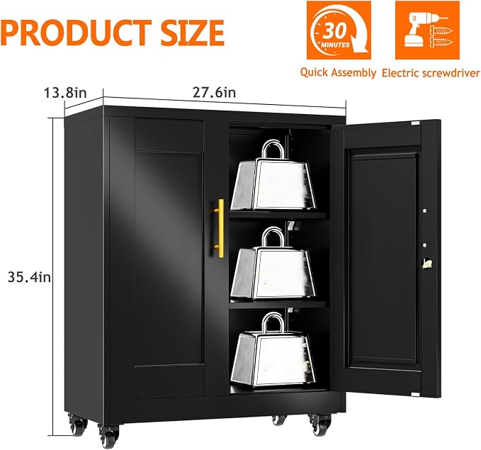 Metal Storage Cabinet with Wheels, 36" Tall Locking Storage Cabinet with 2 Adjustable Shelves, Locking Garage Cabinet, Steel Locker Organizer, for Office, Home, School, Black