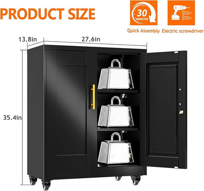 Metal Storage Cabinet with Wheels, 36" Tall Locking Storage Cabinet with 2 Adjustable Shelves, Locking Garage Cabinet, Steel Locker Organizer, for Office, Home, School, Black