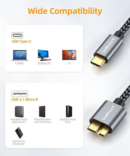 SUNGUY 10Gbps Micro B to USB C Hard Drive Cable, USB 3.1 USB C to Micro B, High-Speed External Hard Drive USB C Cable for iPhone 15, MacBook Pro/Air, iPad, WD Toshiba Westgate Seagate, 1FT, 5, Grey
