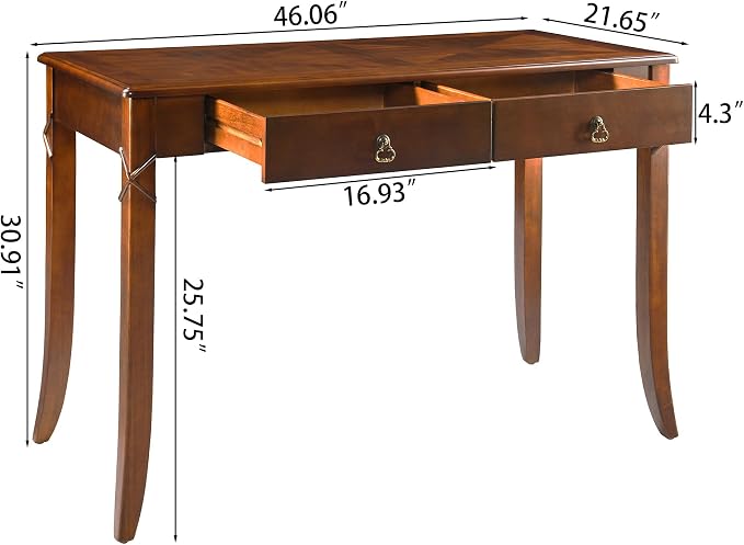 Solid Wood Writing Desk, Home Office Desks with 2 Storage Drawers, 46" Mid-Century Modern Walnut Tables, Computer Desk for Home Office, Easy Assembly Vanity Desk, Study Table Station BSZDR200