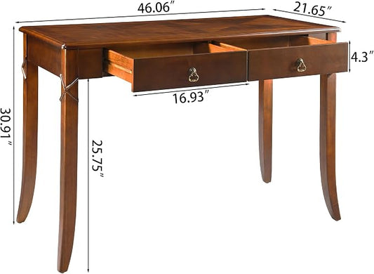 Solid Wood Writing Desk, Home Office Desks with 2 Storage Drawers, 46" Mid-Century Modern Walnut Tables, Computer Desk for Home Office, Easy Assembly Vanity Desk, Study Table Station BSZDR200