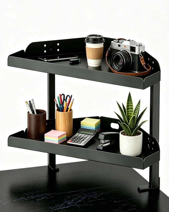 Yuxh Desk Clamp Corner Shelf 16 Inch, Black | Space-saving, clip on or under corner shelf for panel tabletop, office, study room & gaming setup, easy drill-free assembly