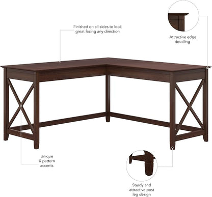 Bush Home Key West 60W Modern Farmhouse L Shaped Desk in Bing Cherry, 60-Inch Corner Computer Table for Home Office Workspace