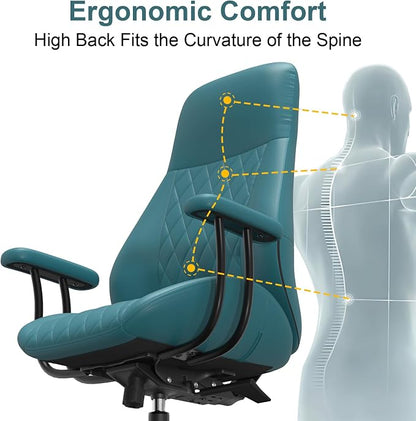 E-Ser Leather Desk Chair, Mid Century Modern Office Chair, Green | Lumbar Support, Ergonomic, 360° Swivel, Rubber Rolling Wheels, Adjustable Height, for Adults