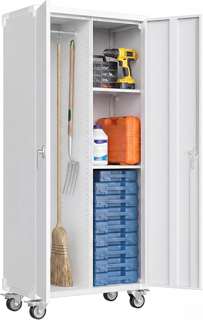 DUMOS Tall Metal Garage Storage Cabinet with Wheels and Adjustable Shelves, 72" Rolling Steel Tool Cabinet with 2 Lockable Doors for Garage, Home, Office, Gym, White