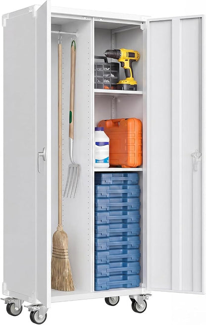 DUMOS Tall Metal Garage Storage Cabinet with Wheels and Adjustable Shelves, 72" Rolling Steel Tool Cabinet with 2 Lockable Doors for Garage, Home, Office, Gym, White