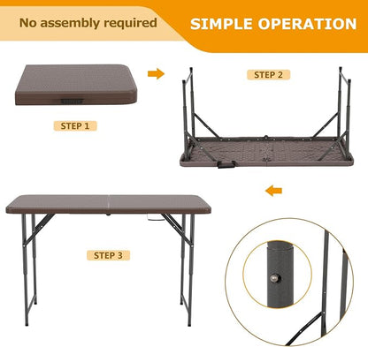 FDW 4FT Folding Table Half Portable Foldable Table Picnic Table for Office Home Camping Party (Brown Ratten)